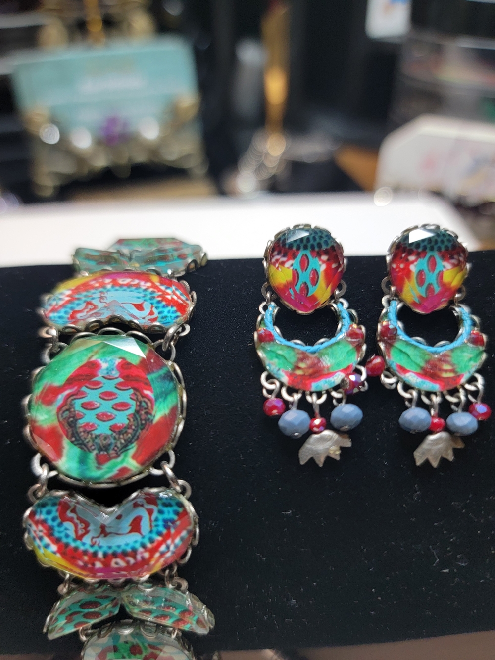 Ayala Bar Colorful Floral Enamel Statement Bracelet and Earrings Set